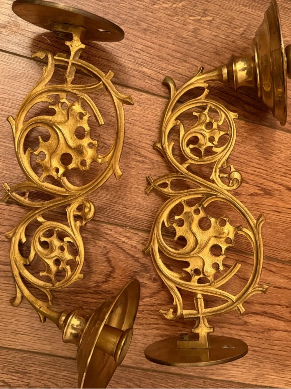 Pair mid century gold Ornate piano Wall Sconces Gold Accent